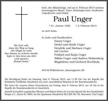 Traueranzeige von Paul Unger von Neue Osnabrücker Zeitung GmbH & Co. KG