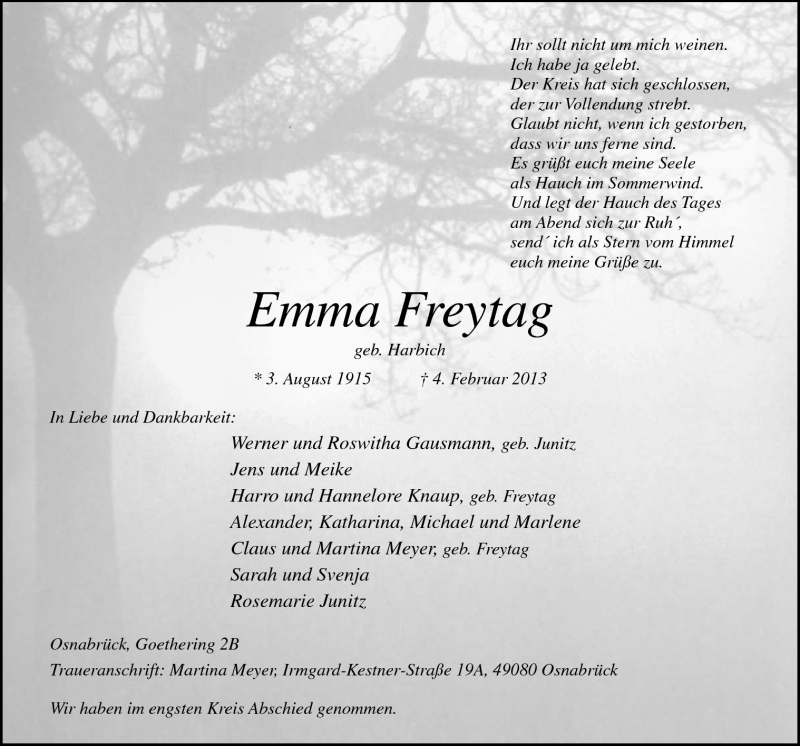  Traueranzeige für Emma Freytag vom 09.02.2013 aus Neue Osnabrücker Zeitung GmbH & Co. KG