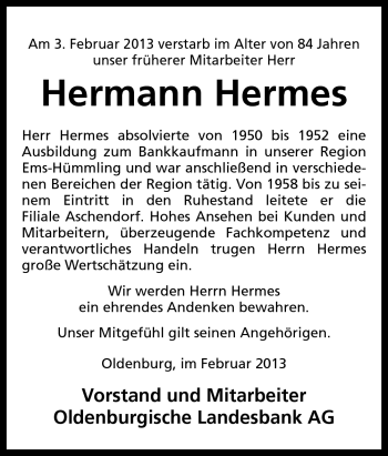 Traueranzeige von Hermann Hermes von Neue Osnabrücker Zeitung GmbH & Co. KG
