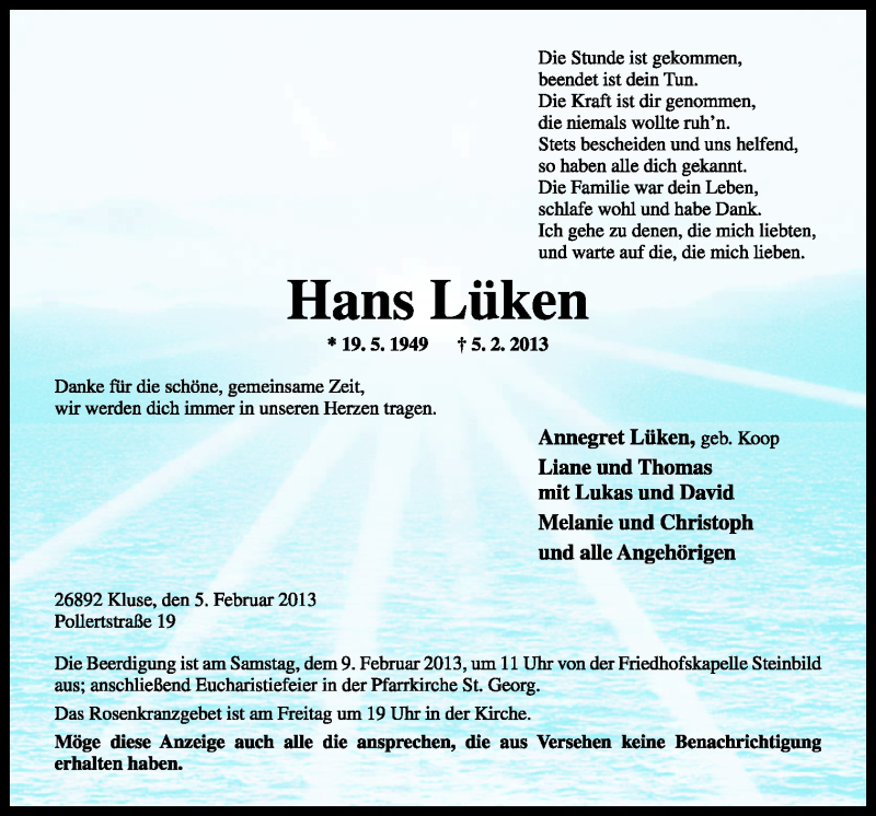  Traueranzeige für Hans Lüken vom 07.02.2013 aus Neue Osnabrücker Zeitung GmbH & Co. KG