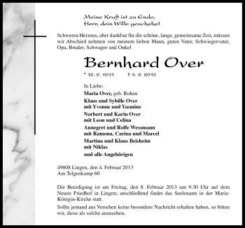 Traueranzeige von Bernhard Over von Neue Osnabrücker Zeitung GmbH & Co. KG