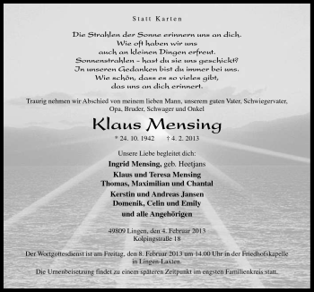 Traueranzeige von Klaus Mensing von Neue Osnabrücker Zeitung GmbH & Co. KG