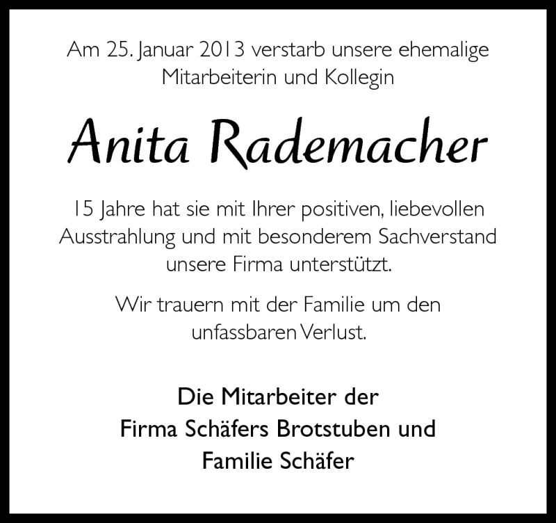  Traueranzeige für Anita Rademacher vom 07.02.2013 aus Neue Osnabrücker Zeitung GmbH & Co. KG