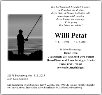 Traueranzeige von Willi Petat von Neue Osnabrücker Zeitung GmbH & Co. KG