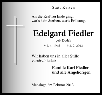 Traueranzeige von Edelgard Fiedler von Neue Osnabrücker Zeitung GmbH & Co. KG