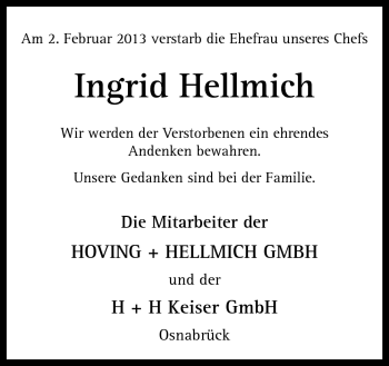 Traueranzeige von Ingrid Hellmich von Neue Osnabrücker Zeitung GmbH & Co. KG