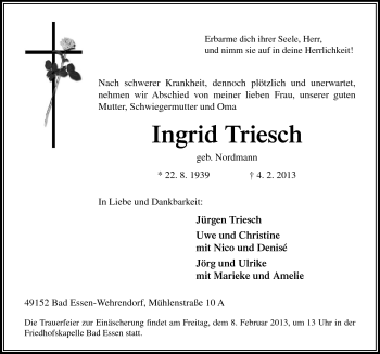 Traueranzeige von Ingrid Triesch von Neue Osnabrücker Zeitung GmbH & Co. KG