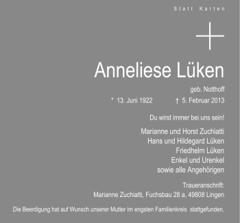 Traueranzeige von Anneliese Lüken von Neue Osnabrücker Zeitung GmbH & Co. KG