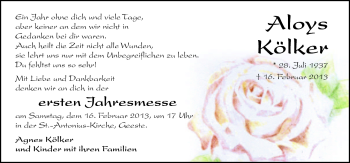 Traueranzeige von Aloys Kölker von Neue Osnabrücker Zeitung GmbH & Co. KG