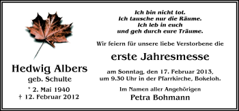 Traueranzeige von Hedwig Albers von Neue Osnabrücker Zeitung GmbH & Co. KG