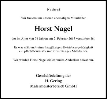 Traueranzeige von Horst Nagel von Neue Osnabrücker Zeitung GmbH & Co. KG