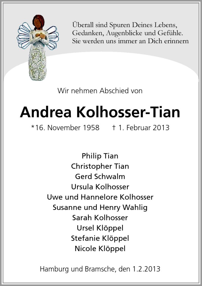  Traueranzeige für Andrea Kolhosser-Tian vom 08.02.2013 aus Neue Osnabrücker Zeitung GmbH & Co. KG