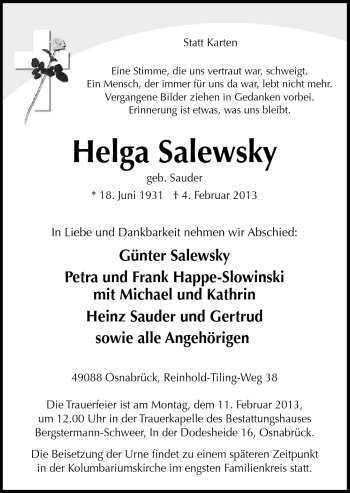 Traueranzeige von Helga Salewsky von Neue Osnabrücker Zeitung GmbH & Co. KG