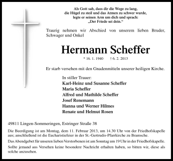 Traueranzeige von Hermann Scheffer von Neue Osnabrücker Zeitung GmbH & Co. KG
