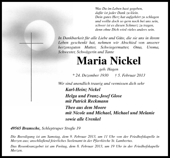 Traueranzeige von Maria Nickel von Neue Osnabrücker Zeitung GmbH & Co. KG