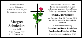 Traueranzeige von Margret Schnieders von Neue Osnabrücker Zeitung GmbH & Co. KG