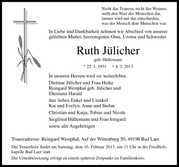Traueranzeige von Ruth Jülicher von Neue Osnabrücker Zeitung GmbH & Co. KG