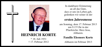 Traueranzeige von Heinrich Korte von Neue Osnabrücker Zeitung GmbH & Co. KG