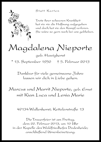 Traueranzeige von Magdalene Nieporte von Neue Osnabrücker Zeitung GmbH & Co. KG