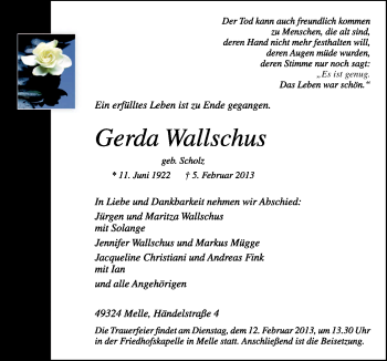 Traueranzeige von Gerda Wallschus von Neue Osnabrücker Zeitung GmbH & Co. KG