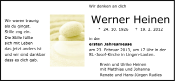 Traueranzeige von Werner Heinen von Neue Osnabrücker Zeitung GmbH & Co. KG