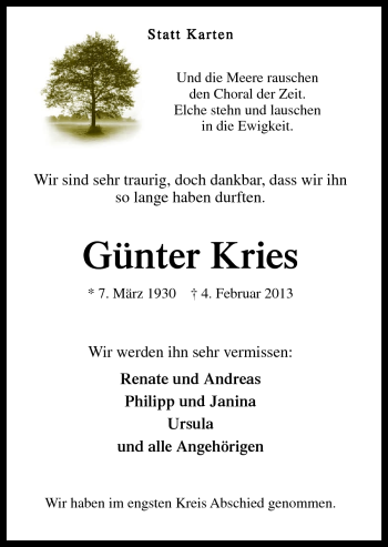 Traueranzeige von Günter Kries von Neue Osnabrücker Zeitung GmbH & Co. KG