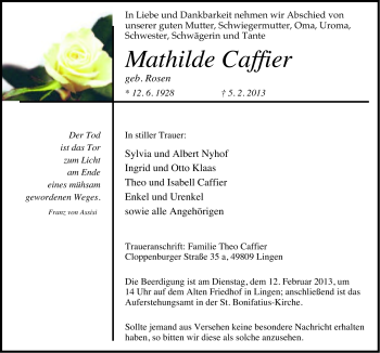 Traueranzeige von Mathilde Caffier von Neue Osnabrücker Zeitung GmbH & Co. KG