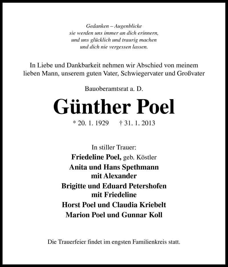  Traueranzeige für Günter Poel vom 09.02.2013 aus Neue Osnabrücker Zeitung GmbH & Co. KG