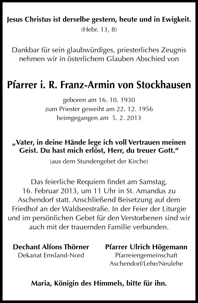  Traueranzeige für Franz-Armin von Stockhausen vom 09.02.2013 aus Neue Osnabrücker Zeitung GmbH & Co. KG