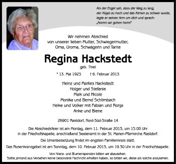 Traueranzeige von Regina Hackstedt von Neue Osnabrücker Zeitung GmbH & Co. KG