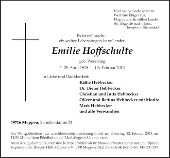 Traueranzeige von Emilie Hoffschulte von Neue Osnabrücker Zeitung GmbH & Co. KG