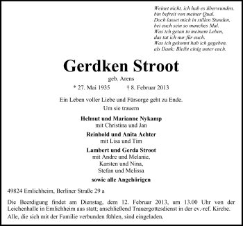 Traueranzeige von Gerdken Stroot von Neue Osnabrücker Zeitung GmbH & Co. KG