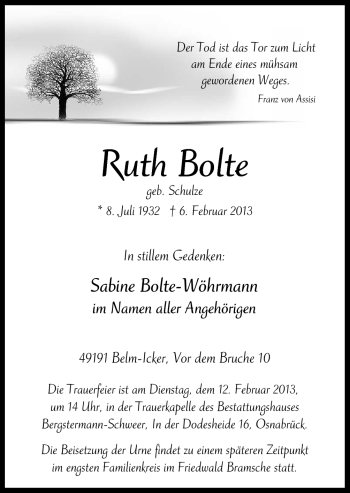 Traueranzeige von Ruth Bolte von Neue Osnabrücker Zeitung GmbH & Co. KG