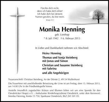 Traueranzeige von Monika Henning von Neue Osnabrücker Zeitung GmbH & Co. KG