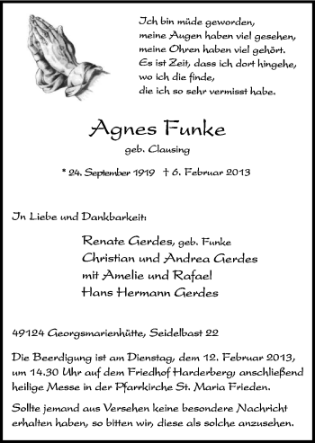 Traueranzeige von Anges Funke von Neue Osnabrücker Zeitung GmbH & Co. KG