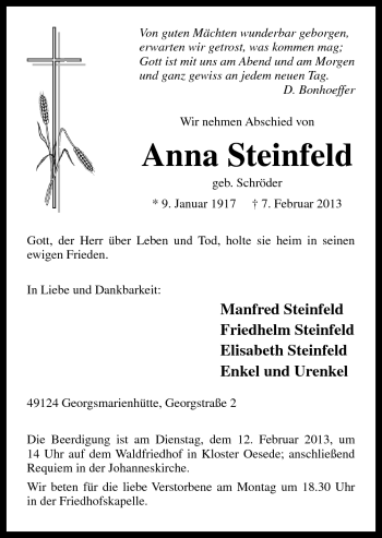 Traueranzeige von Anna Steinfeld von Neue Osnabrücker Zeitung GmbH & Co. KG