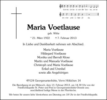Traueranzeige von Maria Voetlause von Neue Osnabrücker Zeitung GmbH & Co. KG