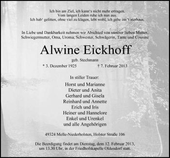 Traueranzeige von Alwine Eickhoff von Neue Osnabrücker Zeitung GmbH & Co. KG
