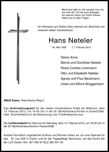 Traueranzeige von Hans Neteler von Neue Osnabrücker Zeitung GmbH & Co. KG