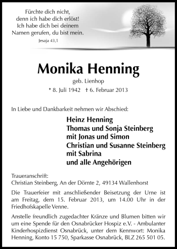 Traueranzeige von Monika Henning von Neue Osnabrücker Zeitung GmbH & Co. KG