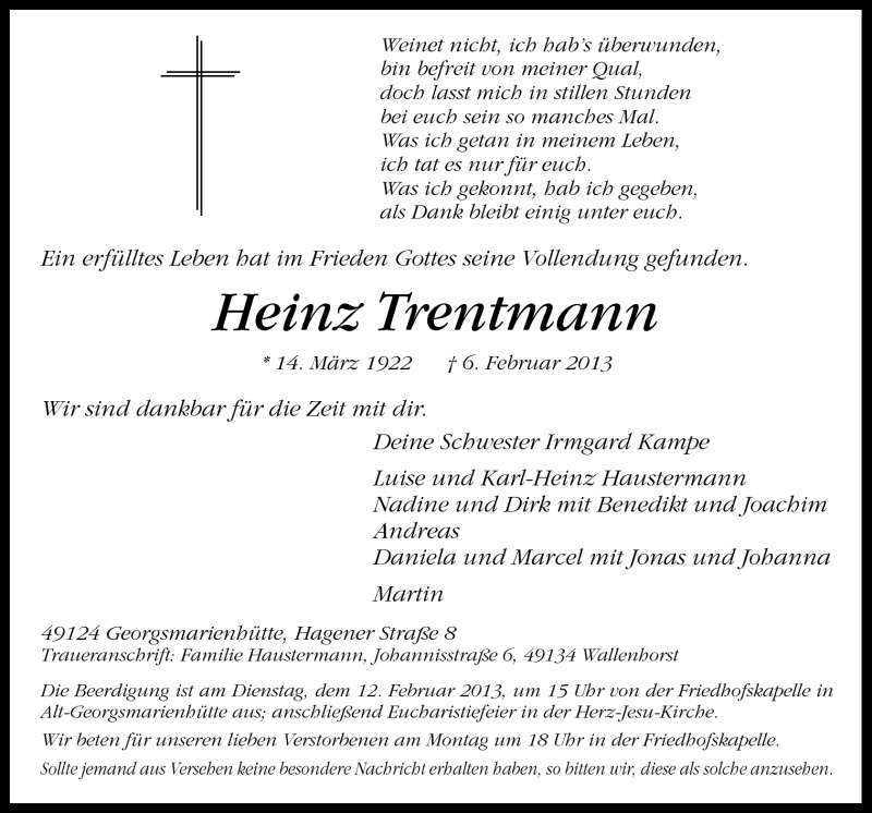  Traueranzeige für Heinz Trentmann vom 09.02.2013 aus Neue Osnabrücker Zeitung GmbH & Co. KG