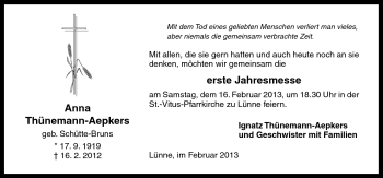 Traueranzeige von Anna Thünemann-Aepkers von Neue Osnabrücker Zeitung GmbH & Co. KG