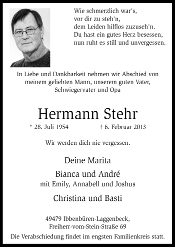 Traueranzeige von Hermann Stehr von Neue Osnabrücker Zeitung GmbH & Co. KG