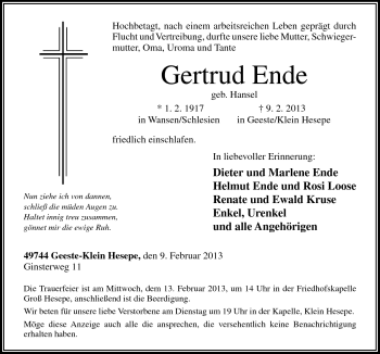 Traueranzeige von Gertrud Ende von Neue Osnabrücker Zeitung GmbH & Co. KG