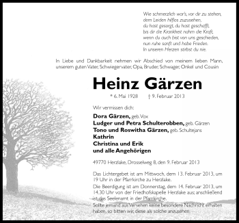 Traueranzeige von Heinz Gärzen von Neue Osnabrücker Zeitung GmbH & Co. KG