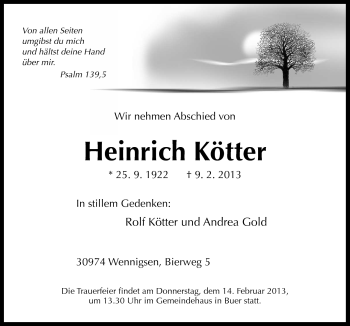 Traueranzeige von Heinrich Kötter von Neue Osnabrücker Zeitung GmbH & Co. KG
