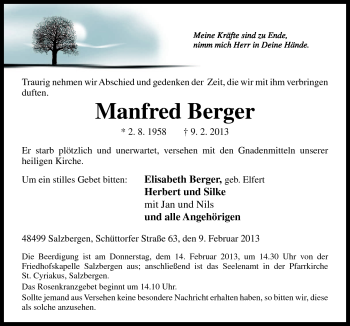 Traueranzeige von Manfred Berger von Neue Osnabrücker Zeitung GmbH & Co. KG
