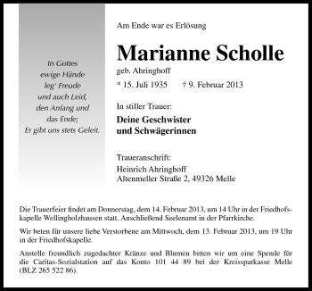Traueranzeige von Marianne Scholle von Neue Osnabrücker Zeitung GmbH & Co. KG