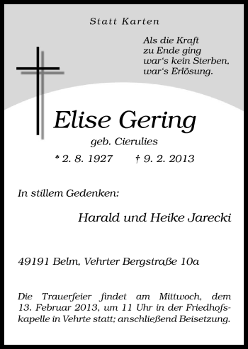Traueranzeige von Elise Gering von Neue Osnabrücker Zeitung GmbH & Co. KG
