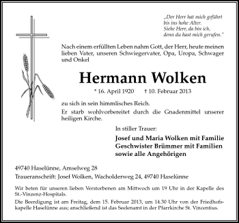 Traueranzeige von Hermann Wolken von Neue Osnabrücker Zeitung GmbH & Co. KG